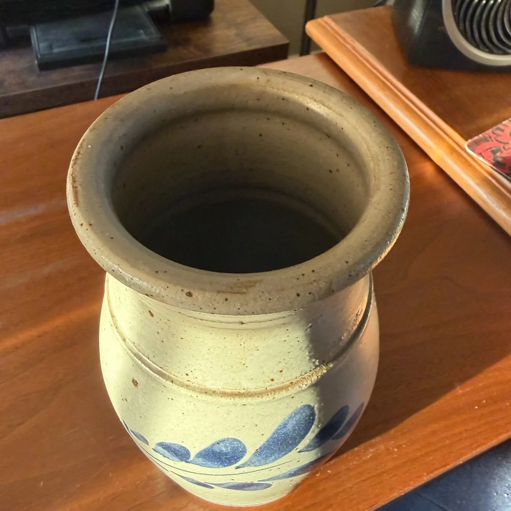 Handcrafted Ceramic Vase with Blue Leaf Design
